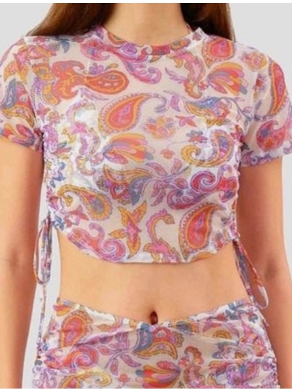 Blackbaugh Cabana Sheer Mesh Rio Paisley Print Swim Cover Up Top Sz Small Pink